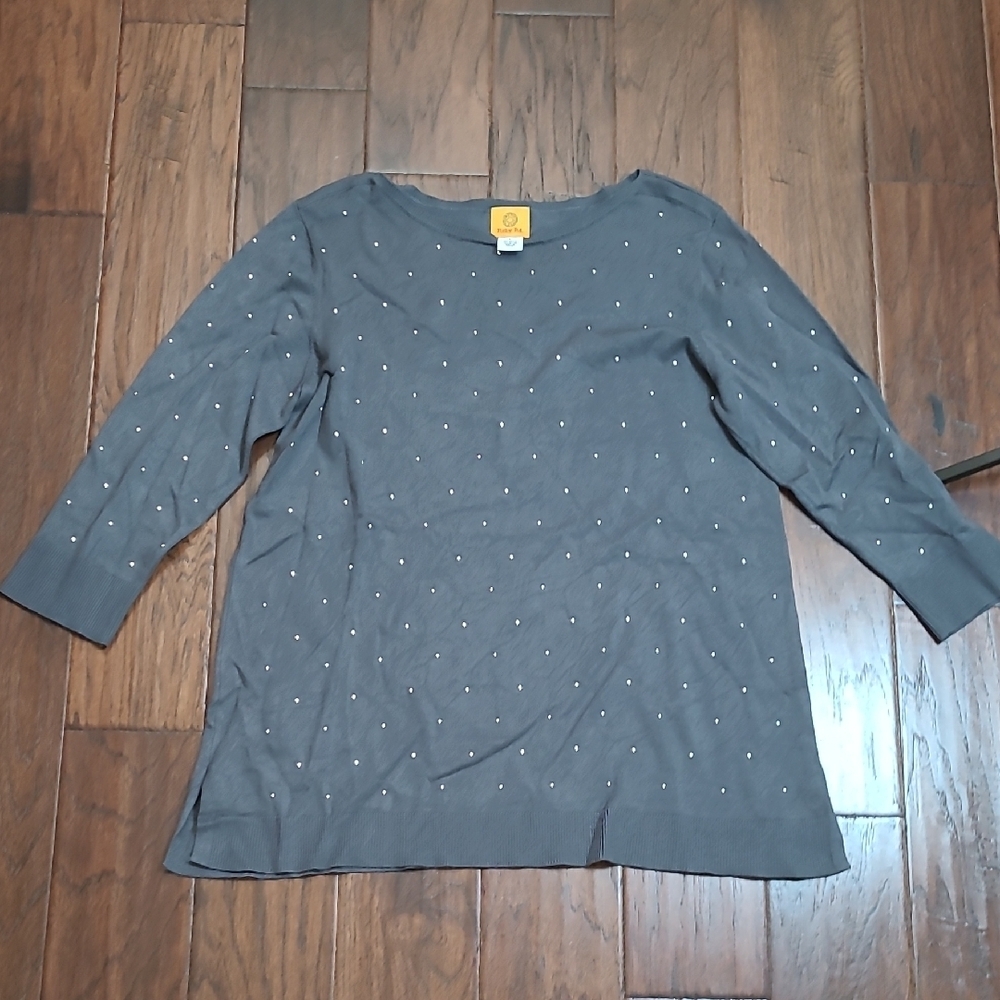 Ruby Rd Grey Scoop Neck Sweater with Silver Studs on the Front & Sleeves size L